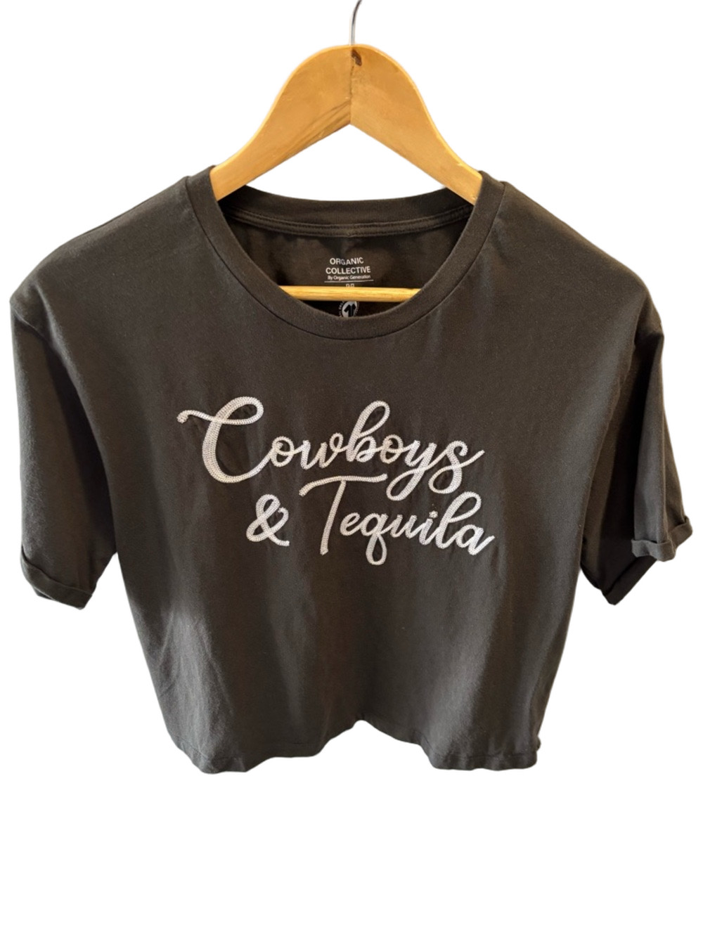 Organic Collective Cowboys & Tequila Cropped Short Sleeve T-Shirt M Embroidered